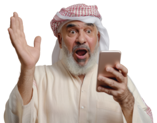 PNG Middle age Muslim man playing mobile phone surprised face person.