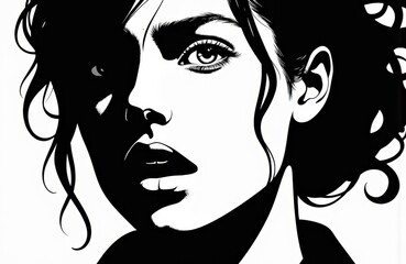 Woman with curly hair and intense gaze in black and white illustration