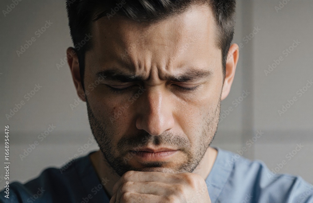 Poster man with furrowed brow and closed eyes expressing concern or deep thought in a close-up shot