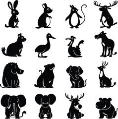 Animal Silhouette Grid Vector – Stylized Black Icons of Rabbit, Moose, Koala, Elephant, and More in 4×4 Layout