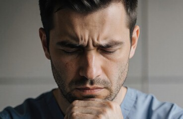 Fototapeta premium Man with furrowed brow and closed eyes expressing concern or deep thought in a close-up shot