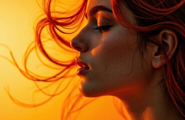 Woman with red hair and freckles in profile silhouette against warm sunset background