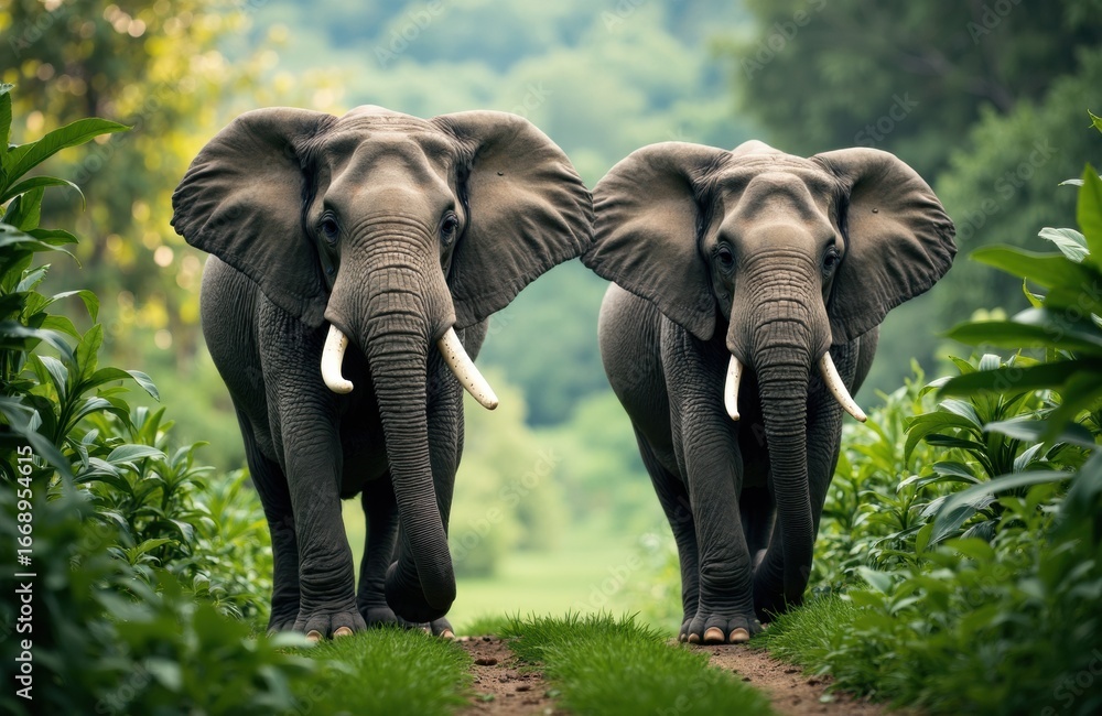 Poster two elephants walking side by side along a lush green forest path with dense foliage and trees in th