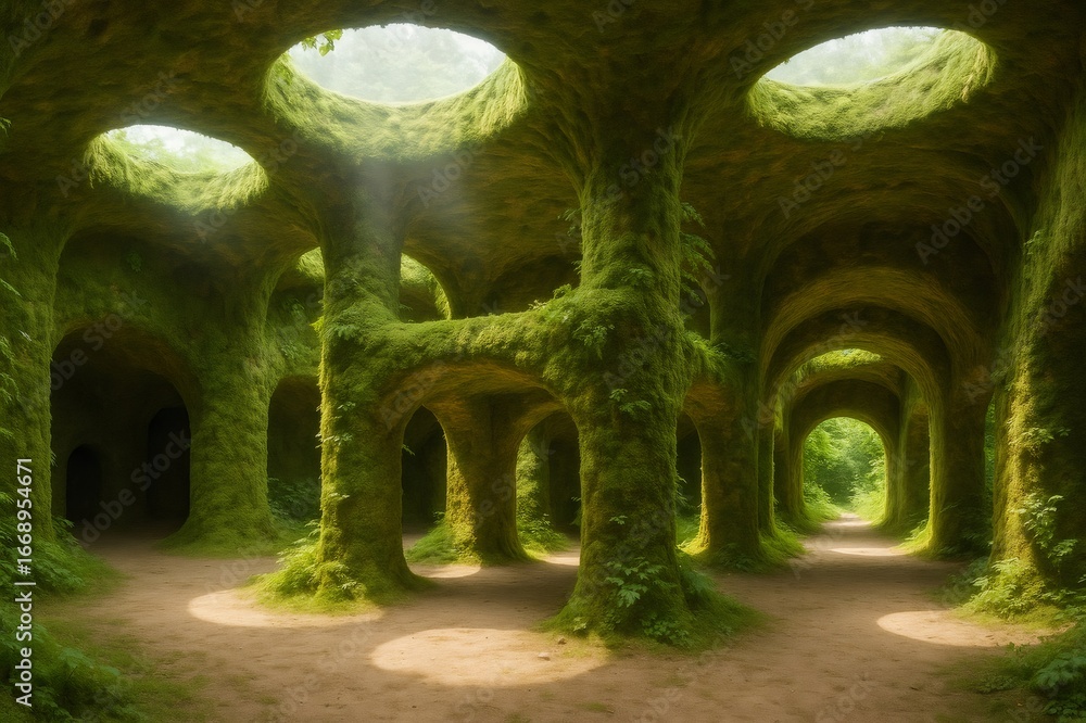 Poster sunbeams illuminate moss covered columns and arches in an eco friendly habitat, creating a magical a