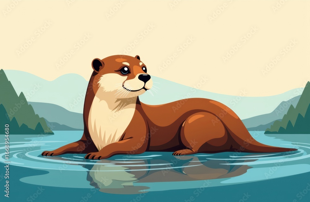 Aufkleber a cartoon otter resting in a calm river with mountains and trees in the background