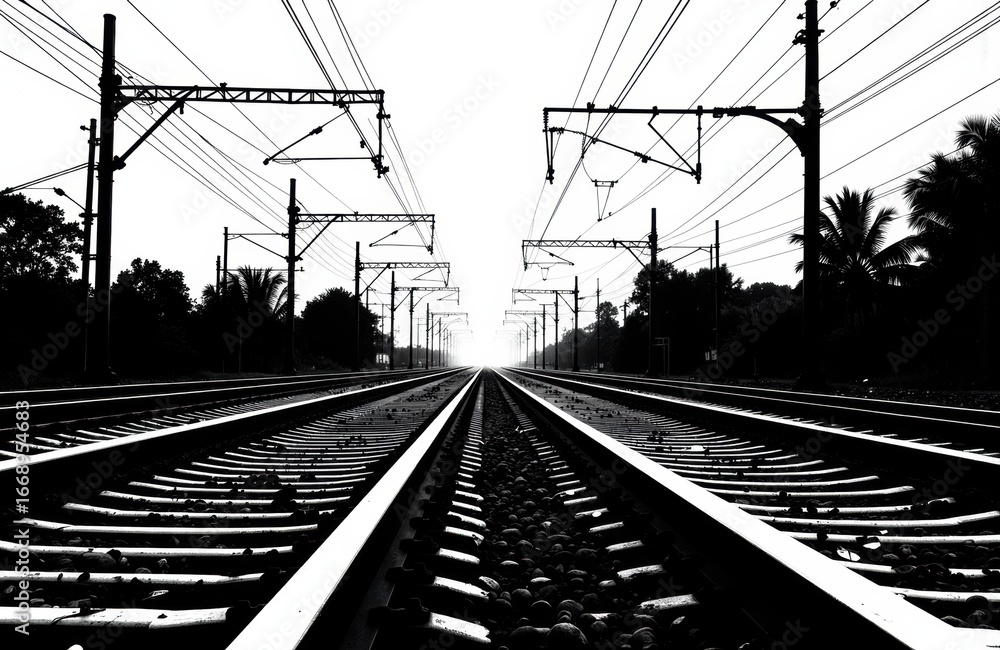 Poster long railway tracks extending into the distance with overhead electrical lines and silhouettes of tr