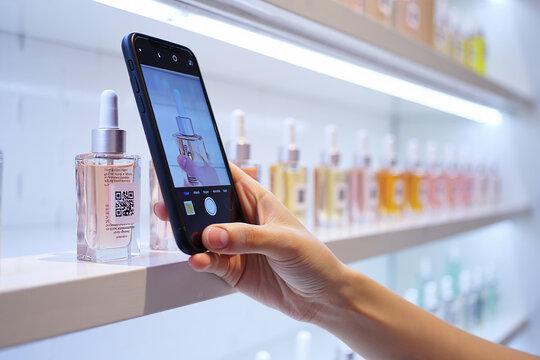 Hand Scanning QR Code on Skincare Bottle with Smartphone - Powered by Adobe