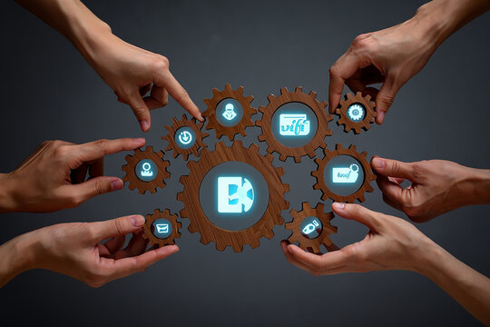 Hands connecting gears with digital icons for teamwork - Powered by Adobe