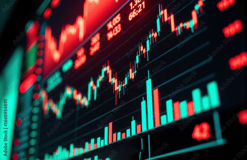 Poster stock market chart displaying upward trends with colorful candlesticks and data lines