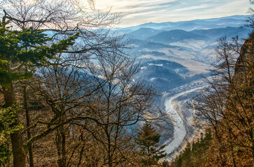 Winter mountain landscape with snow and forest.