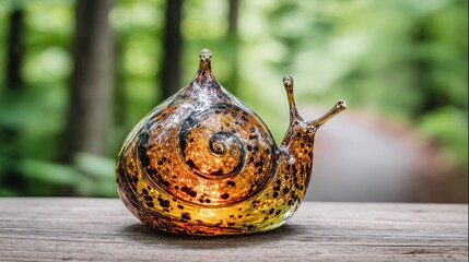 Close up of glass snail figurine with brown, orange and black speckled shell