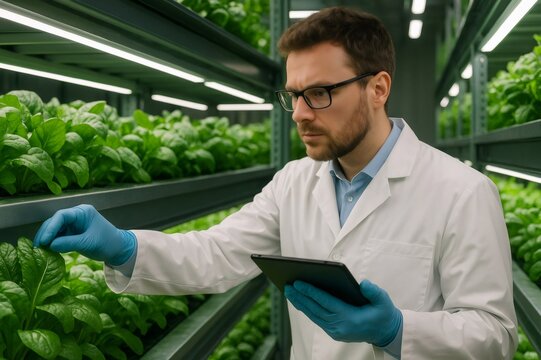 Bioengineer wearing lab coat and gloves using tablet and inspecting plants growing under led lights in hydroponic vertical farm
