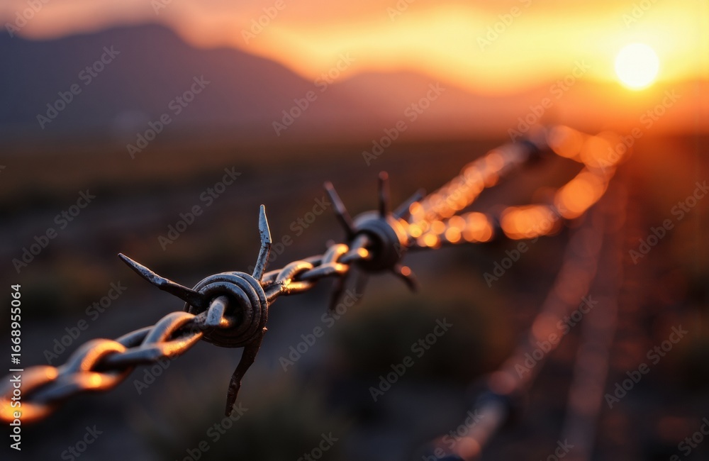Poster a close-up of barbed wire with a sunset in the background creating a warm glow