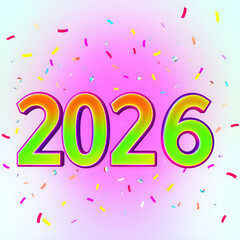 A vibrant digital image showcases the year "2026" in bold, neon-style font, surrounded by colorful confetti against a gradient background