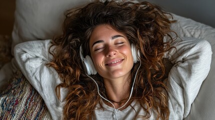 Young woman relaxing on a bed with white headphones listening to music in the morning light, smiling with her eyes closed