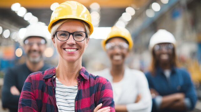 Confident female worker in safety gear smiles with colleagues in warehouse - Powered by Adobe