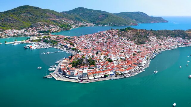 Panoramic aerial view of the town and marina at Poros island, Saronic Gulf, Greece, during summer day