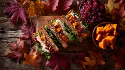 Autumn-inspired gourmet sandwich with roasted squash, fresh greens, and cranberry side, elegantly arranged on rustic wooden surface surrounded by vibrant fall maple leaves