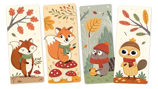 Charming autumnal bookmarks featuring adorable forest animals and seasonal elements for cozy reading experiences