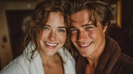 Smiling couple in bathrobes