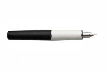 Elegant black and white fountain pen lying horizontally on a transparent background, ready for writing or signing