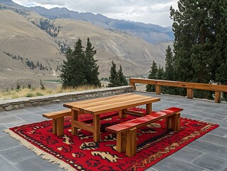 Mountain View Patio Wooden Table Bench Set Red Rug