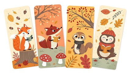 Obraz premium Charming autumn themed bookmarks featuring adorable forest animals reading books amidst fall foliage