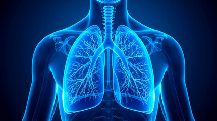 Human lungs and bronchi in x-ray view. human respiratory system, focusing on the lungs and trachea, rendered against a deep blue background. The lungs appear as ethereal, glowing blue structures