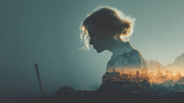 Person typing on laptop with glowing lights overlay over cityscape background, connecting to the digital world, technology and connectivity concept