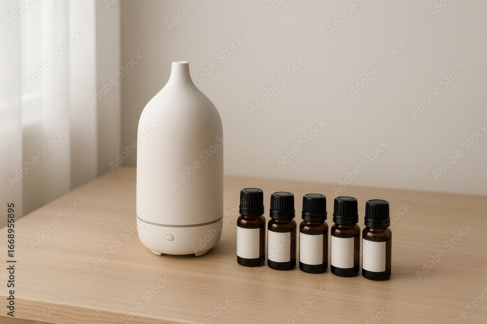 Poster white essential oil diffuser and a row of essential oil bottles with blank labels on a wooden table