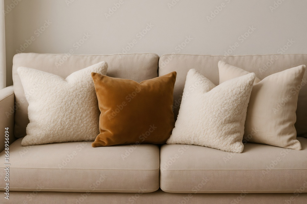 Poster cozy living room setting featuring a comfortable sofa adorned with various cushions in neutral color