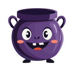 Cute purple potion cauldron. Smiling, big eyes, and cheerful expression. Vector illustration for Halloween, white background