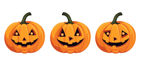 Set of vector smiling pumpkins with lights in their eyes. Juicy bright pumpkins for Halloween. Festive element on white background. Hand drawn