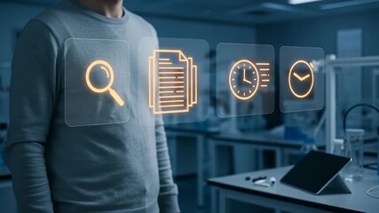 Digital Data Management: A man uses a futuristic interface to optimize research documents and time efficiency in a modern laboratory. - Powered by Adobe