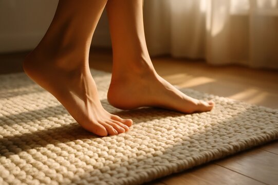 Woman's feet stepping onto a soft rug in the warm morning sunlight, enjoying the comfort and relaxation of a cozy bedroom - Powered by Adobe