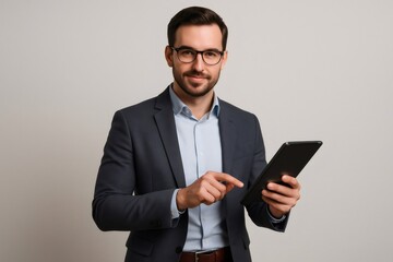 Smiling businessman wearing suit and eyeglasses using tablet, pointing with finger on screen, isolated on gray background