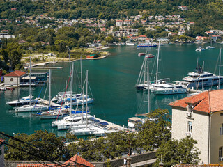 White yachts moored in Kotor marina on the Adriatic coast, Montenegro