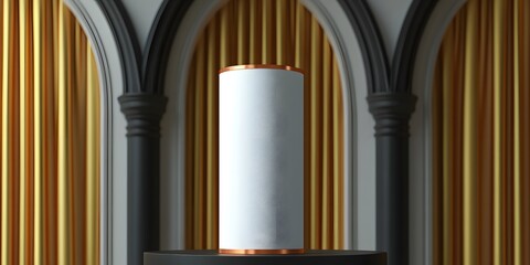 Elegant White Cylinder Mockup with Gold and Black Arch Background