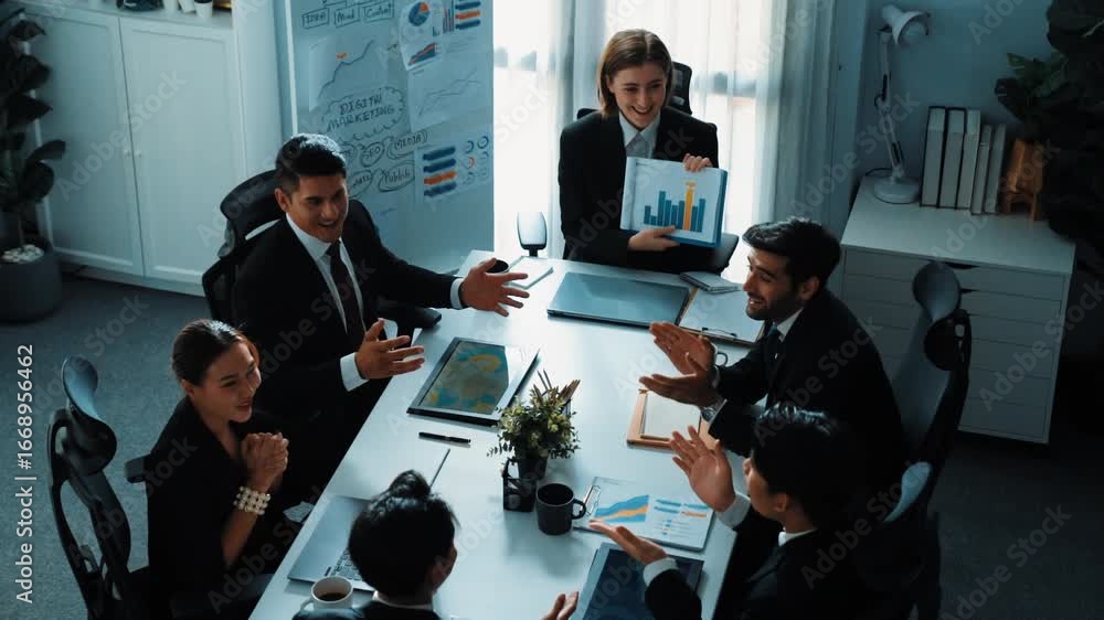 Poster top view of professional executive manager show increasing sales chart to diverse team while group o