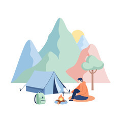 Fototapeta premium Man Camping with Tent, Backpack, and Campfire in a Mountain Landscape.