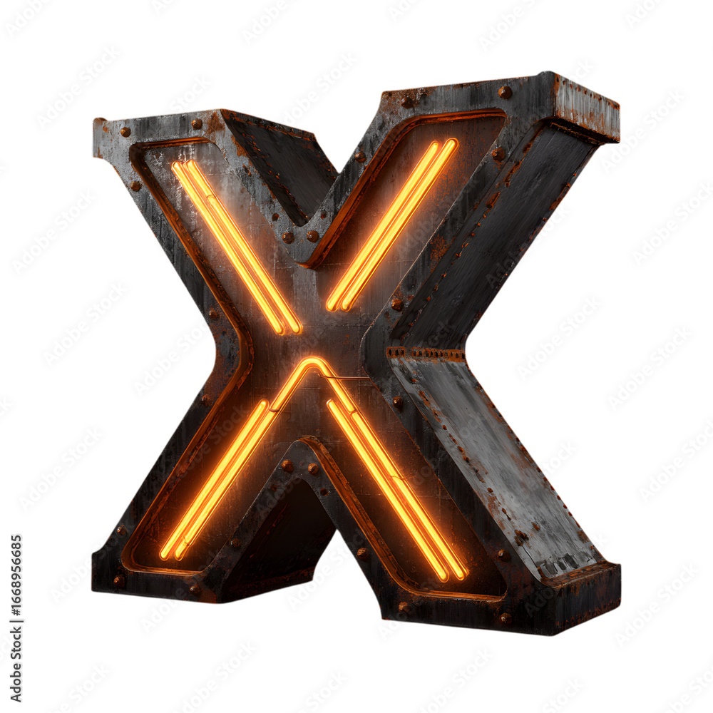 Aufkleber illuminated letter x with metallic border and rivets in a three dimensional rendering style view on 