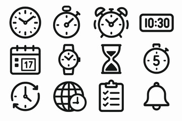 Set of 12 black timeline and scheduling icons in flat vector style with white background, perfect for apps, planners, and time management tools.