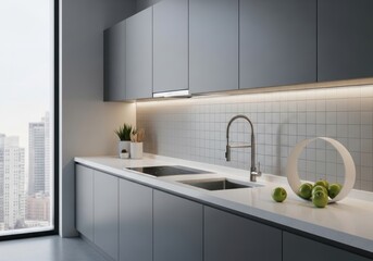 Sleek Modern Grey Kitchen Interior with White Countertops, Urban City View, and Fresh Green Apples