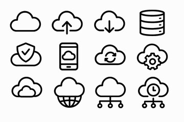 Collection of 12 black cloud computing and backup icons in flat vector style with white background, ideal for technology apps, software, and digital tools.