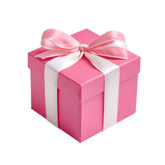 Obraz premium A pink gift box with a white ribbon and a pink bow sits against a plain isolated presentation on transparent background