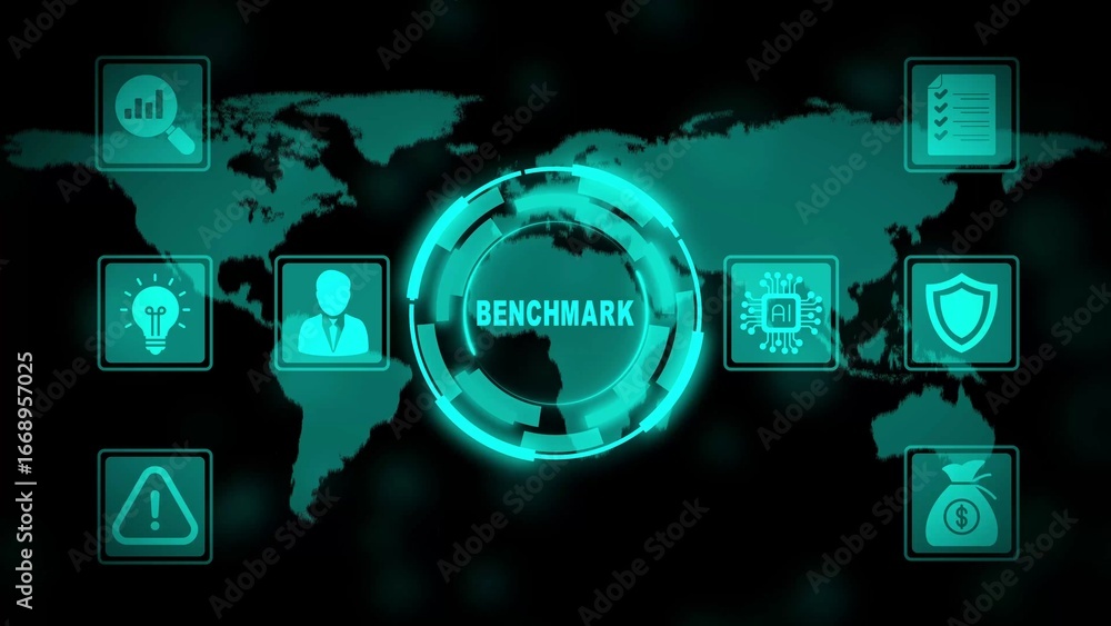 Poster global benchmarking concept with digital icons and world map comparison performance