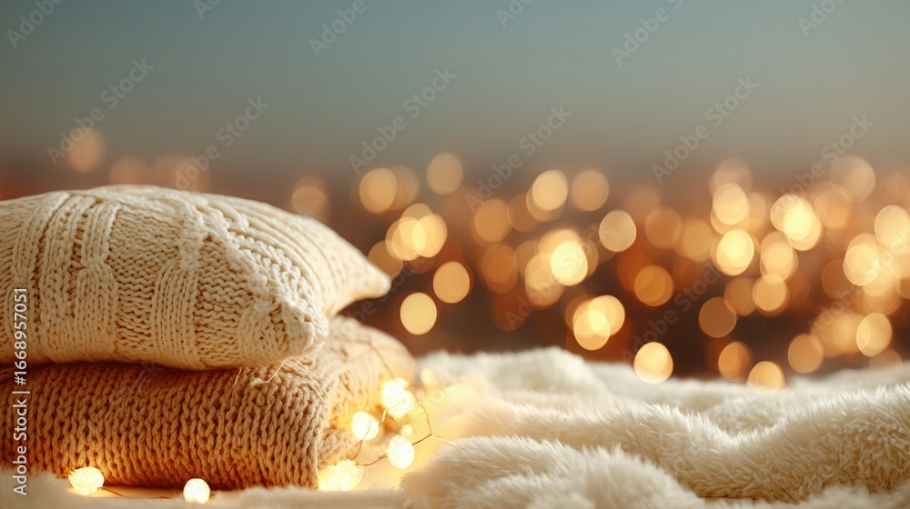 Poster cozy blankets and pillows create a warm atmosphere during evening lights