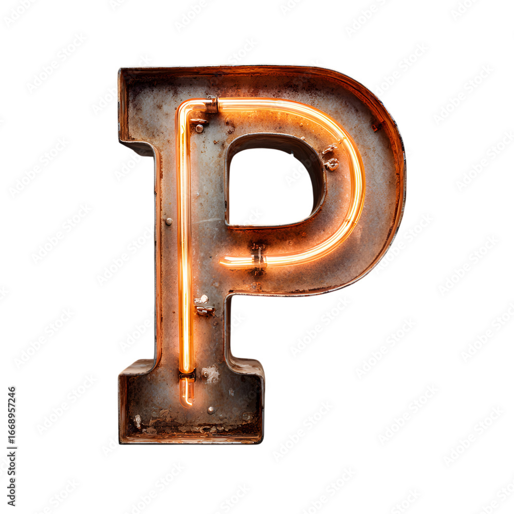 Aufkleber illuminated letter p with metallic frame and glowing tubes against a featureless void space on trans
