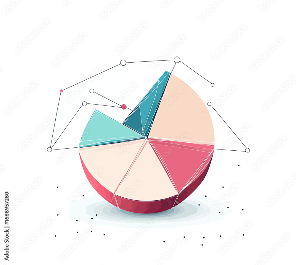Poster 3d abstract pie chart with polygonal segments and connecting nodes geometric data visualization conc