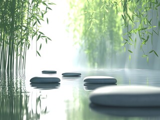 Serene Stepping Stones in Bamboo Forest Calm Water Zen Garden